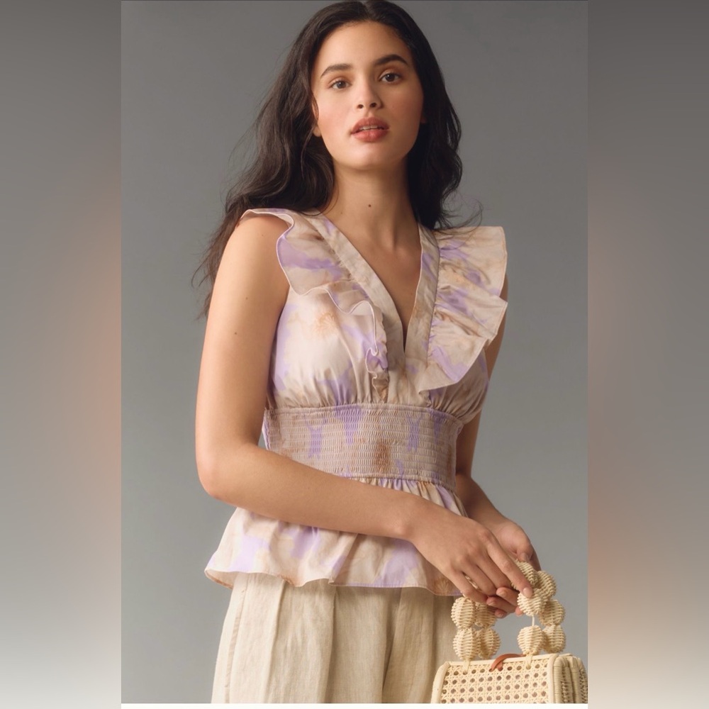 NWT ANTHROPOLOGIE HUTCH V-Neck Ruffled Smock Tank Sleeveless Top Lavender Cream